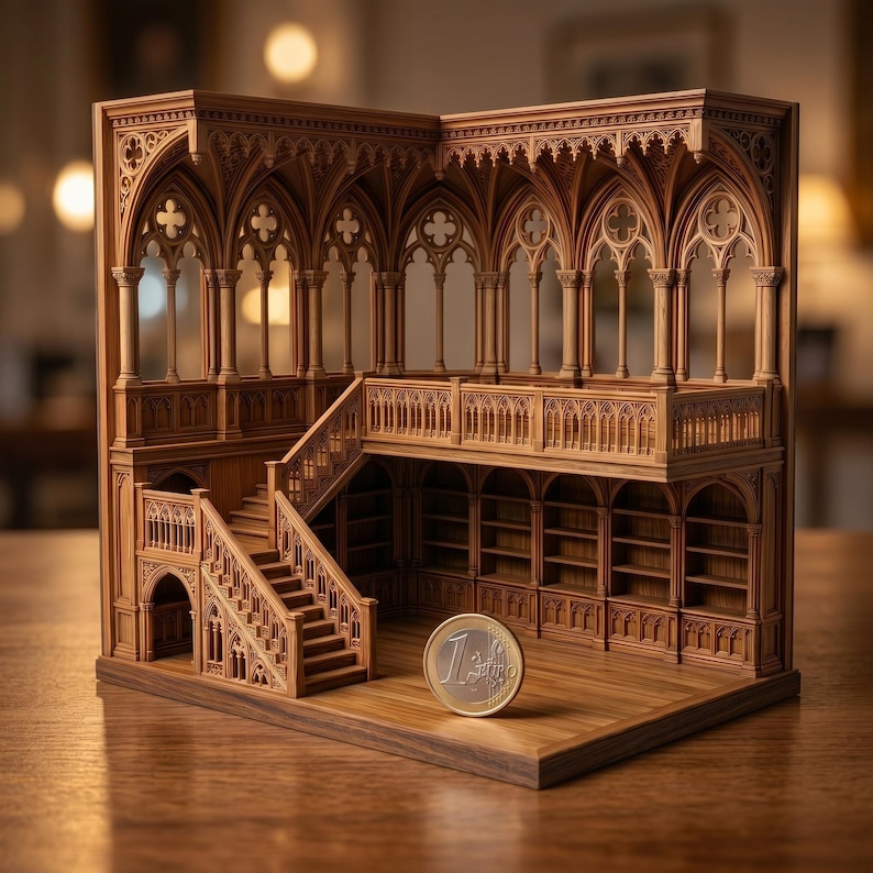 Puede incluir: Un modelo en miniatura de madera de una biblioteca de dos pisos con intrincados arcos g&oacute;ticos, columnas, una escalera y estanter&iacute;as integradas. Una moneda de un euro est&aacute; colocada en el suelo para mostrar la escala de la estructura detallada.