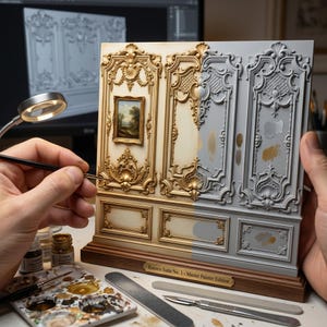 Könnte beinhalten: Ein Miniatur-Wandpaneel mit der Aufschrift Rococo Suite No. 1 - Master Painter Edition, das auf der linken Seite verzierte goldene Zierleisten und auf der rechten Seite graue Grundierung zeigt, mit einem kleinen Landschaftsbild und Holzsockel.