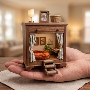 May include: A miniature wooden dog bed frame with a drawer, featuring a plush orange circular cushion, a set of three steps, light-colored curtains, a small potted plant, a food bowl, and wall art including a photo of a dog and a sign reading HOME SWEET DOGGY DEN.