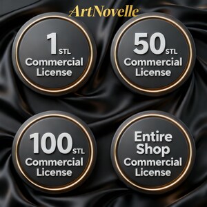 May include: Four black and gold circular badges with text indicating commercial license options. The badges display numbers 1, 50, and 100, and "Entire Shop". The brand name "ArtNovelle" is at the top.