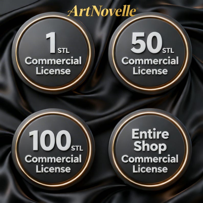 May include: Four black and gold circular badges with text indicating commercial license options. The badges display numbers 1, 50, and 100, and "Entire Shop". The brand name "ArtNovelle" is at the top.