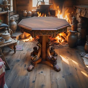 Può includere: Un tavolo ottagonale in legno marrone scuro con intagli ornati sui bordi e sulle gambe. Il tavolo è in una stanza rustica con un camino sullo sfondo. L'altezza del tavolo è di circa 76 cm.