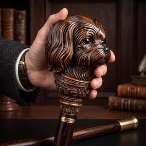 Puede incluir: Un bastón de madera marrón oscuro con un mango tallado en forma de cabeza de perro con texturas de pelaje fluido. El eje incluye una sección de cuello ornamentada y una pequeña placa de latón grabada con el texto ARISTO-K9 LONDON cerca de la parte superior.