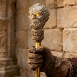 Könnte beinhalten: Ein verzierter Stab mit einem geschnitzten Steinkopf und leuchtenden gelben Augen. Der Stab hat einen goldfarbenen Schaft und wird von einer behandschuhten Hand gehalten. Der Kopf ist aufwendig mit detaillierten Gesichtszügen geschnitzt.