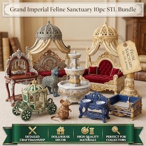 Peut inclure: Un ensemble de 10 pièces de mobilier et décorations miniatures intitulé Grand Imperial Feline Sanctuary 10pc STL Bundle. Comprend deux lits à baldaquin ornés, une fontaine à étages, une calèche, une figurine de chat, une souris et des gamelles.