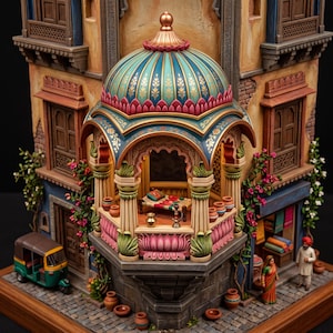 May include: A detailed architectural model of a building featuring a central balcony with a teal and gold dome, pink lotus-shaped base, and cream pillars. The scene includes a small auto-rickshaw, clay pots, a bed, and two figures on a cobblestone street.