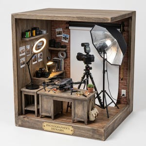 May include: A wooden diorama of a photographer's studio, complete with miniature cameras, a drone, lighting equipment, and a desk. The scene includes a brick wall backdrop and the text "Photographer's Diorama."