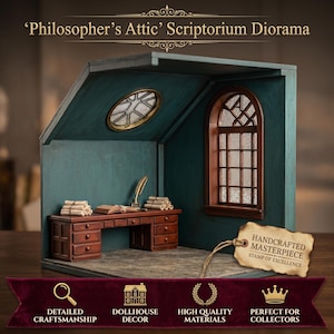 May include: A miniature room diorama titled Philosopher's Attic Scriptorium Diorama featuring teal walls, a wooden desk with drawers, stacks of scrolls, an open book, a quill in an inkwell, a circular window, and a tall arched window.