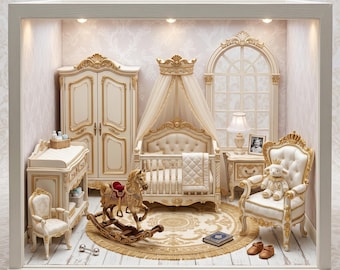 10-Piece Royal Nursery STL Set • 1:12 Scale Rococo Dollhouse Furniture • Vintage Baby Room Diorama 3D Print Files