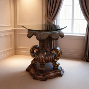 May include: A decorative, dark wood table with a glass top. The table features ornate carvings and gold accents. The base is a pedestal design with a detailed, carved pattern. The table is approximately 30 inches tall.