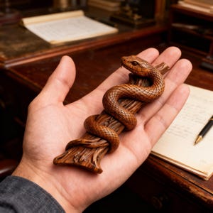May include: A hand-carved wooden snake, brown in colour, coiled around a branch. The snake has textured scales and a detailed head. The branch is also brown, with carved details. The piece is held in a person's hand.