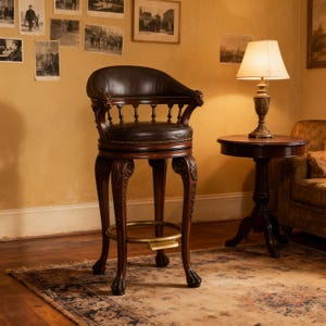 Peut inclure: Un tabouret de bar orné, de couleur marron foncé, avec une assise et un dossier en cuir. Il présente des détails sculptés, notamment des accoudoirs en tête de lion et des pieds en forme de griffes. Un repose-pieds en laiton ajoute une touche d'élégance.