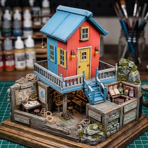 May include: A detailed miniature model of a colorful seaside house with a blue roof, red and blue walls, and a yellow door. The model includes a map room, navigator's nook, and alchemist's study, with intricate details and accessories.