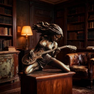 May include: A bronze sculpture of a woman playing an electric guitar, kneeling on a wooden surface. The sculpture has flowing hair and is set in a room with bookshelves and a warm lamp.