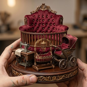 May include: A detailed miniature Victorian nursery set, featuring a burgundy velvet crib, a baby carriage, a swing, and a sewing machine on a wooden base. The set has gold accents and intricate detailing, creating a sense of luxury and nostalgia.