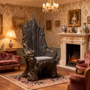 Puede incluir: Una réplica en miniatura del Trono de Hierro, una escultura detallada en gris oscuro, con un cojín gris. El trono está situado en una habitación con chimenea, muebles antiguos y una alfombra estampada, evocando un tema de fantasía.