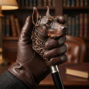 Peut inclure: Canne de marche marron avec une poignée en forme de tête de Doberman. La poignée est finement sculptée avec un visage de chien détaillé et des motifs décoratifs. La canne a un fût marron foncé et un collier en métal argenté.