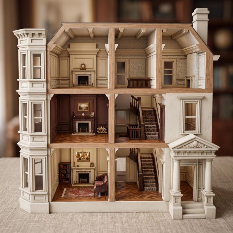 May include: A multi-story dollhouse featuring a cream-colored exterior with a bay window section and a front porch. The interior displays three levels with detailed rooms, including fireplaces, wooden staircases, and miniature furniture pieces.