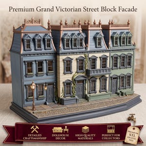 May include: A miniature model of a Premium Grand Victorian Street Block Facade featuring three multi-story buildings with blue, cream, and green walls, copper-toned roofs, dormer windows, and a street-level pavement with a small lamp post.