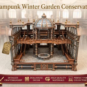 Może przedstawiać: Miniaturowa konstrukcja ogrodu zimowego w stylu steampunk z centralnym dachem kopułowym, wielopoziomowymi balkonami, schodami i okrągłą podstawą fontanny. Model pomalowany jest w metaliczne odcienie brązu i miedzi z wiszącą etykietą z napisem STL.