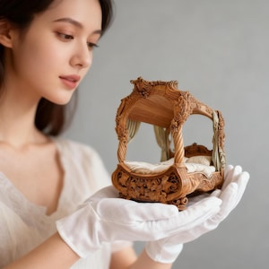 May include: A miniature wooden four-poster bed with intricate carvings and a light-colored canopy. The bed features a detailed headboard, footboard, and side rails. The bed is held in gloved hands.