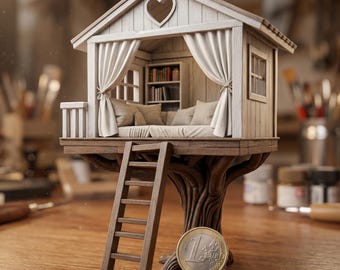 Botanical Reading Nook Treehouse STL — High-Precision Miniature Sanctuary — Romantic Hideaway with Integrated Library, Curtains & Ladder