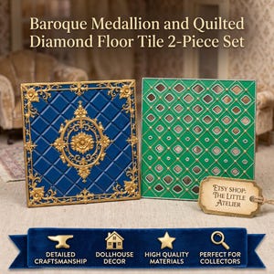 May include: A two-piece set of square floor tiles featuring a blue tile with a gold baroque medallion and quilted diamond pattern, and a green tile with a gold diamond grid. A tag reads: Etsy shop: The Little Atelier. Text reads: Baroque Medallion and Quilted Diamond Floor Tile 2-Piece Set.