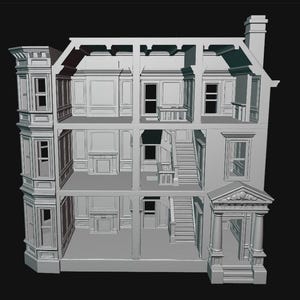 May include: A three-story dollhouse with a gray finish, featuring an open-front design that reveals interior rooms with molded wall paneling, fireplaces, and staircases. The exterior includes a bay window structure and a columned front entrance.