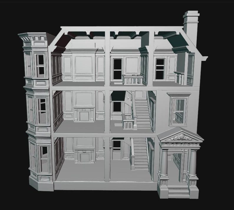 May include: A three-story dollhouse with a gray finish, featuring an open-front design that reveals interior rooms with molded wall paneling, fireplaces, and staircases. The exterior includes a bay window structure and a columned front entrance.