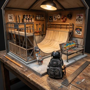 May include: Miniature skateboard park diorama with a wooden half-pipe ramp, bench with graffiti, and a skateboard. Includes a backpack, helmet, and tools. The scene is set inside a wooden structure on a wooden table.