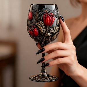 May include: A black wine glass with a detailed floral design and red tulip accents. The glass has a long stem and a decorative base. The design includes gold-colored leaves and ornate detailing, creating an elegant and artistic appearance.