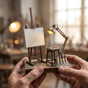 May include: Miniature artist's studio scene with a wooden easel holding a blank canvas, a small stool with a palette, and a brass desk lamp. Several tubes of paint are arranged in front of the stool. The scene is held in a person's hands.