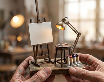 Artist Studio Miniatur Bausatz: Staffelei, Palette, Lampe (STL Download)