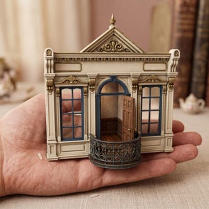 Op de afbeelding: Een miniatuur architecturale gevel met een crèmekleurige buitenkant met goudkleurige decoratieve accenten, twee blauw omlijste ramen, een centrale boogdeuropening met een open bruine deur en een kleine, donkergrijze, gebogen metalen balkonreling.