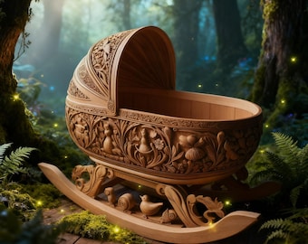 Può includere: Una culla per bambini in legno intagliata a mano con intricate incisioni di animali e motivi floreali. La culla è posta su una base a dondolo e presenta una cappottina. La finitura in legno naturale completa la lavorazione artigianale dettagliata, creando un affascinante articolo per la cameretta.