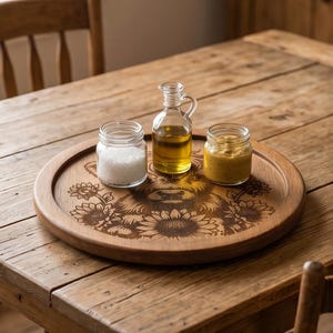 Wood Burned Highland Cow Lazy Susan | Rustic Sunflower Kitchen Turntable| Kitchen Table Centerpiece
