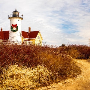 May include: A coastal scene featuring a white lighthouse with a black top and a red roof. A wreath and bow adorn the lighthouse. The foreground shows a path through dry grass and bushes under a cloudy sky.