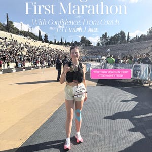 May include: A marathon runner stands at the finish line, wearing a medal and race bib. The image features the text "Running Your First Marathon" and "With Confidence: From Couch To Finish Line". The text "A FIRST MARATHON SURVIVAL GUIDE WRITTEN BY SOMEONE WHO'S LIVED IT - MENTALLY & PHYSICALLY" is also visible.