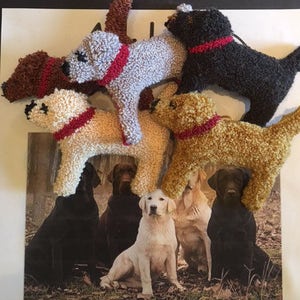 May include: Six plush dog toys in various colors, including gray, brown, beige, and black. The toys are made of soft, fuzzy material and have red collars. The toys are arranged in a semi-circle on a white surface.