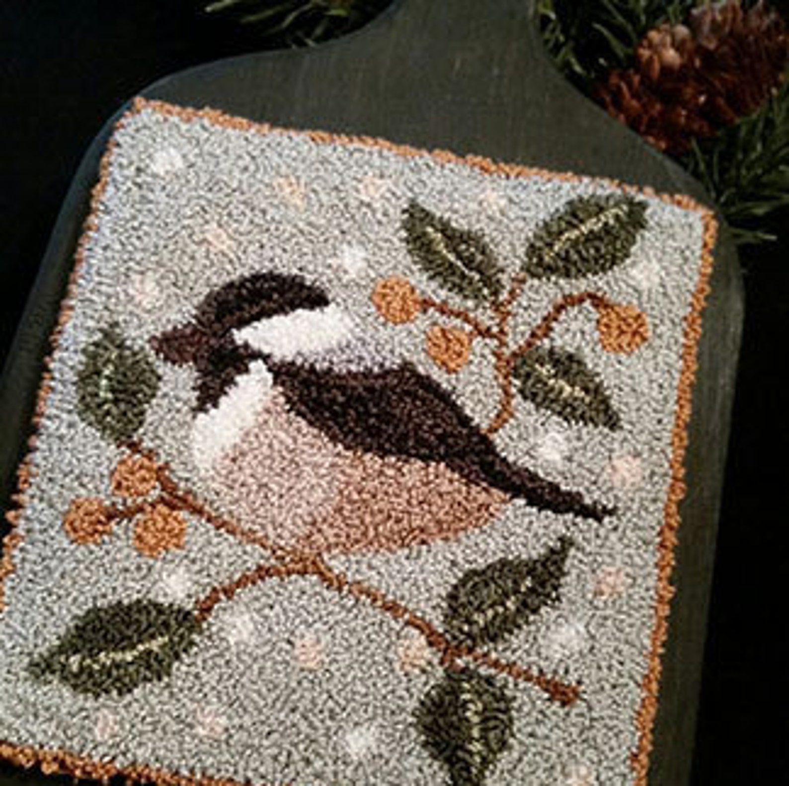Primitive Punch Needle Chickadee in a Kuka Berrie Tree Pattern Etsy