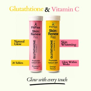 May include: Two cylindrical tubes of FitFlex Skin Renew Fizz supplements. One is pink with strawberry flavour, the other is yellow with orange flavour. The text reads "Glutathione & Vitamin C" and "Promotes radiant skin."