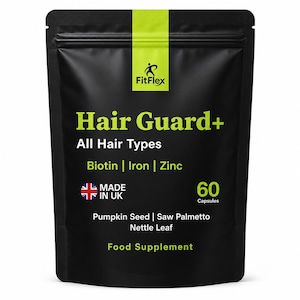 May include: A black pouch of FitFlex Hair Guard+ food supplement capsules. The label features lime green text reading Hair Guard+, All Hair Types, Biotin, Iron, Zinc, Pumpkin Seed, Saw Palmetto, Nettle Leaf, and 60 Capsules with a UK flag icon.