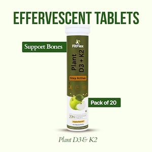 May include: A cylindrical container of FitFlex Plant D3 + K2 effervescent tablets. The label includes the text "Support Bones" and "Stay Active". The packaging features an apple illustration and the words "Apple Flavour".
