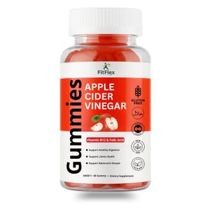May include: A clear plastic bottle of FitFlex Apple Cider Vinegar Gummies. The label is red and white, with text that reads "Gummies", "Apple Cider Vinegar", and "Vitamin B12 & Folic Acid". The bottle contains 60 gummies.