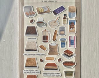 Hoja de pegatinas de tiramisú y brownie / Pegatinas de postres adorables / Decoración para agendas, diarios y álbumes de recortes / Tema de repostería
