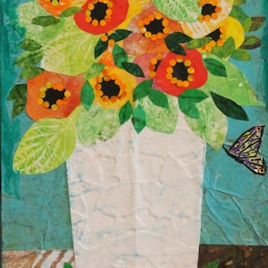 Mixed Media Collage - &quot;Flowers with Two Butterflies&quot;