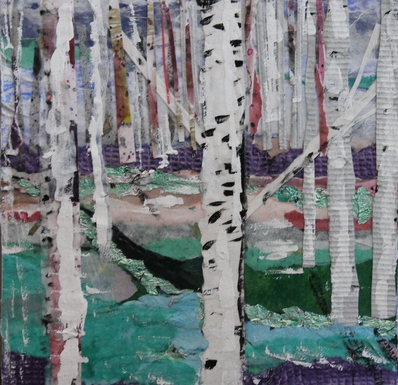 Mixed Media Collage - "river Birches" - Etsy