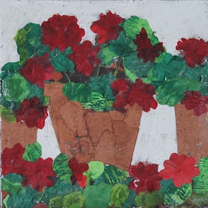 May include: A collage of red geraniums in terracotta pots with green leaves. The flowers are arranged in a cluster, with some of the leaves overlapping the pots.