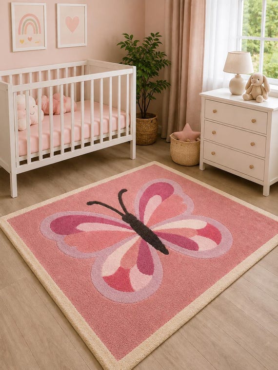 Rosa Schmetterling Kinderzimmer Teppich - Weiche Plüsch Kinder Spielmatte für Mädchen Schlafzimmer & Babyzimmer Dekor