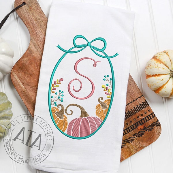 Pumpkin Monogram Frame Embroidery Design - Fall Halloween Thanksgiving Hostess Pumpkin Sketch Stitch Design